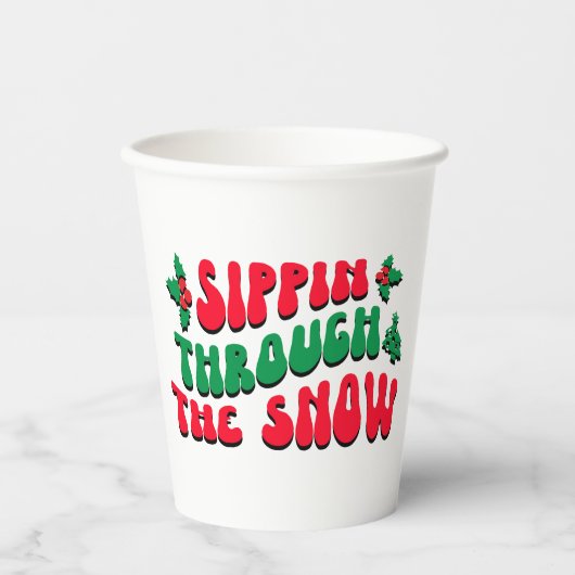 Gobelets En Papier Noël Sippin À Travers La Neige Drôle Hiver (Recto)