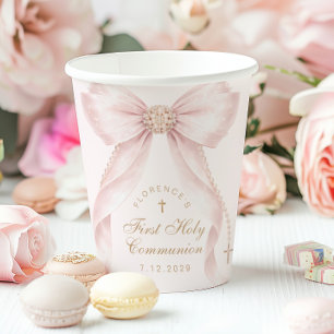 Gobelets En Papier Nœud rose blush Première Sainte Communion Coquette