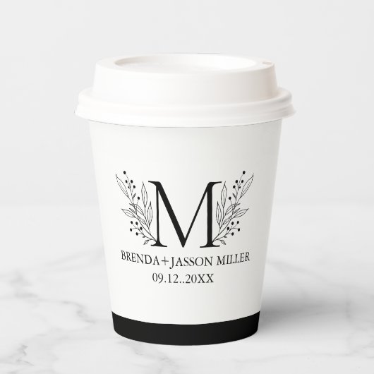 Gobelets En Papier Noir et blanc Elegant monogramme nouveau marié (Recto)