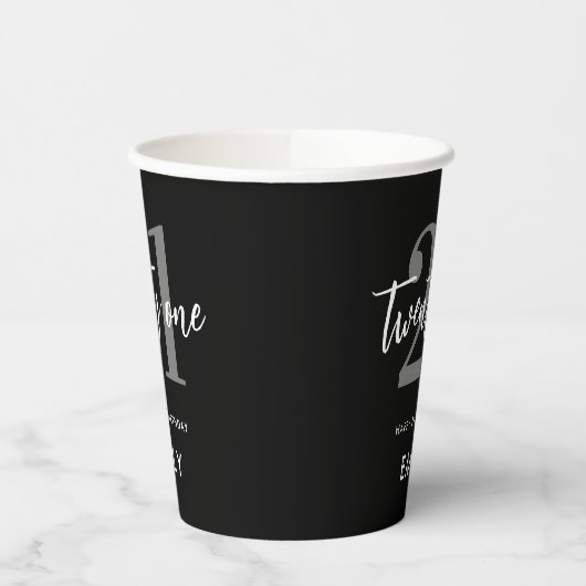 Gobelets En Papier Noir et blanc moderne Élégant 21e anniversaire (Gauche)