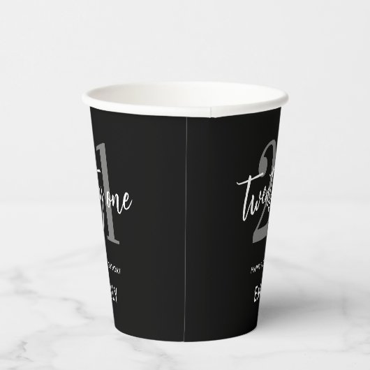 Gobelets En Papier Noir et blanc moderne Élégant 21e anniversaire (Droite)