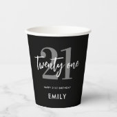 Gobelets En Papier Noir et blanc moderne Élégant 21e anniversaire (Recto)