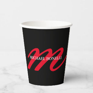 Gobelets En Papier Noir moderne rouge monogramme professionnel