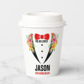 Gobelets En Papier Noir Tuxedo Red BowTie & Groomsman Texto Paper Cu (Verso)