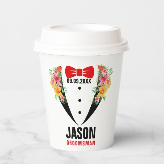 Gobelets En Papier Noir Tuxedo Red BowTie & Groomsman Texto Paper Cu (Recto)