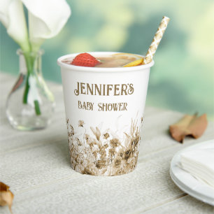 Gobelets En Papier Nom, Baby shower, Texte supplémentaire, Bordure fl