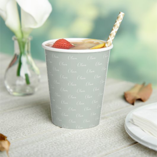 Gobelets En Papier Nom Customisé Sage Green White Script (Insitu)