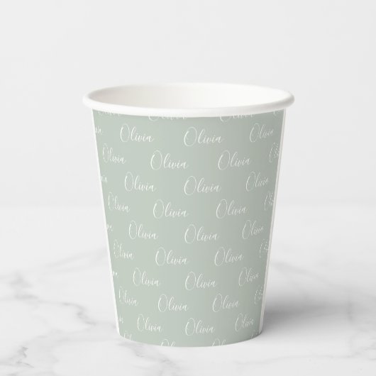 Gobelets En Papier Nom Customisé Sage Green White Script (Verso)