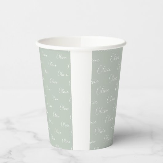 Gobelets En Papier Nom Customisé Sage Green White Script (Gauche)