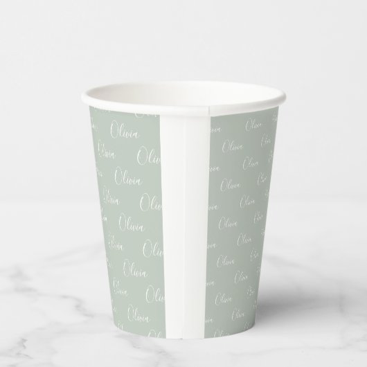 Gobelets En Papier Nom Customisé Sage Green White Script (Droite)