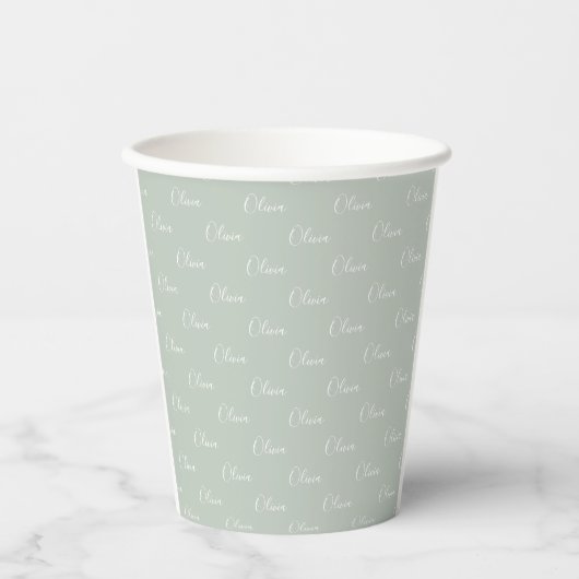 Gobelets En Papier Nom Customisé Sage Green White Script (Recto)