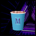 Gobelets En Papier Nom de la partie bat mitzvah Monogramme violet Cie<br><div class="desc">CHOISISSEZ VOTRE COULEUR et créez votre propre tasse de papier élégante et personnalisée pour une fête Bat mitzvah ou toute autre occasion. Ce style est défini par défaut sur un arrière - plan bleu ciel, un monogramme violet, un nom et un texte blancs. vous pouvez facilement sélectionner une autre couleur...</div>