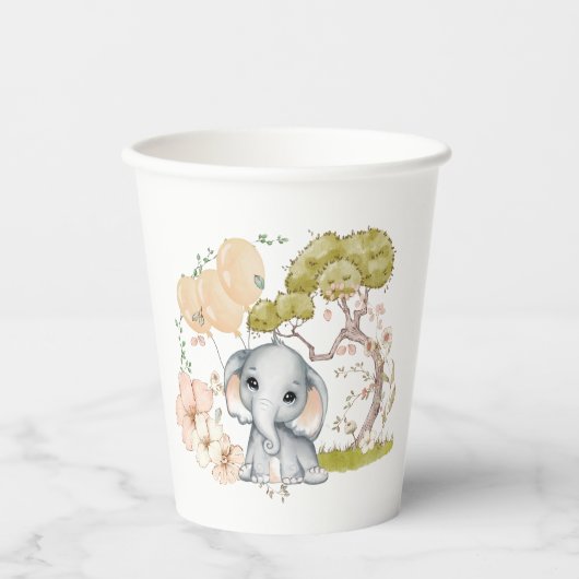 Gobelets En Papier Nom de l'éléphant mignon Date Baby shower du scrip (Recto)