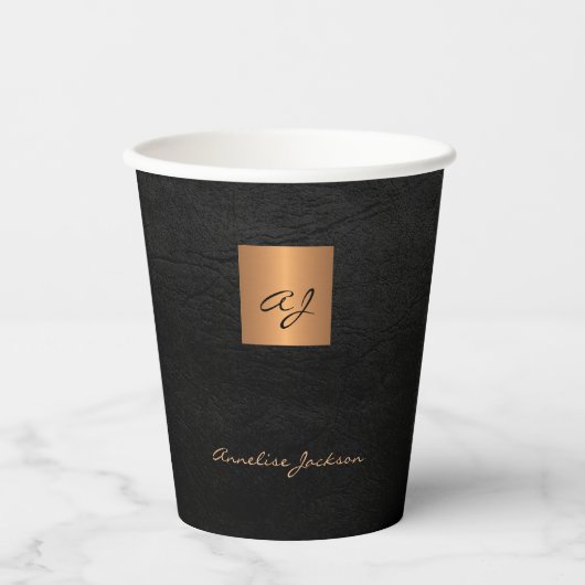 Gobelets En Papier Nom de script monogramme or noir (Recto)