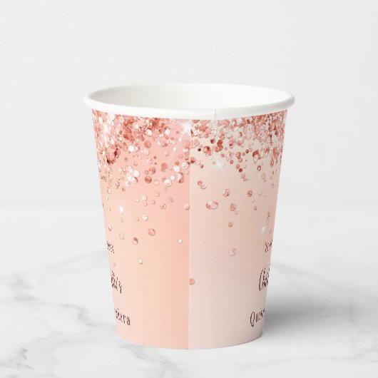 Gobelets En Papier Nom du confetti rose en or Quinceanera (Droite)