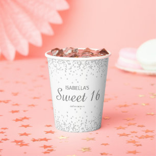 Gobelets En Papier Nom élégant blanc argent paillettes Sweet 16