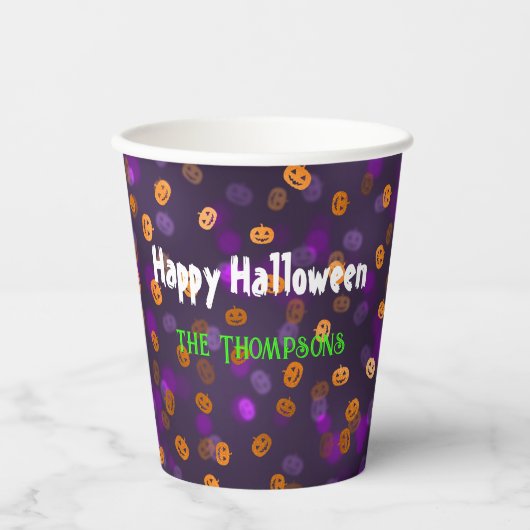 Gobelets En Papier Nom, Happy Halloween Smiling Citrouilles Bokeh 8oz (Recto)