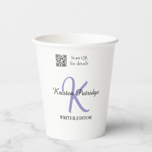 Gobelets En Papier Nom monogramme violet écrivain modifier code QR en (Recto)