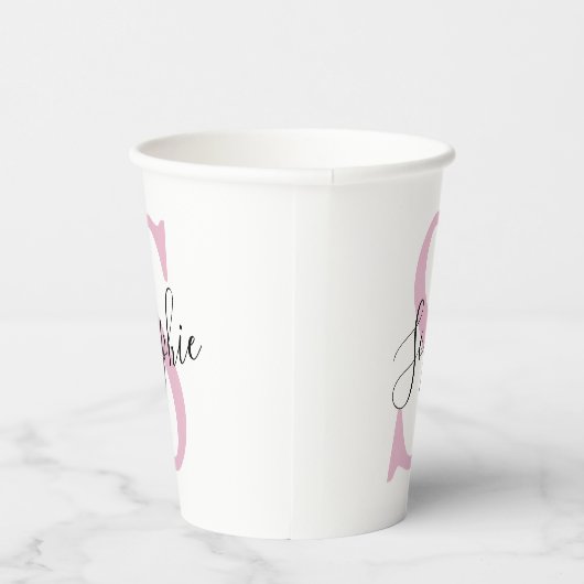 Gobelets En Papier Nom personnalisé moderne Monogramme rose (Droite)