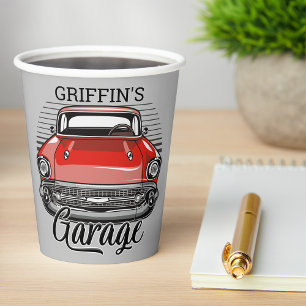 Gobelets En Papier NOM personnalisé Retro Red Classic Car Garage