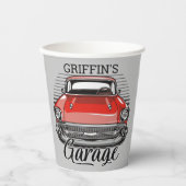 Gobelets En Papier NOM personnalisé Retro Red Classic Car Garage (Recto)