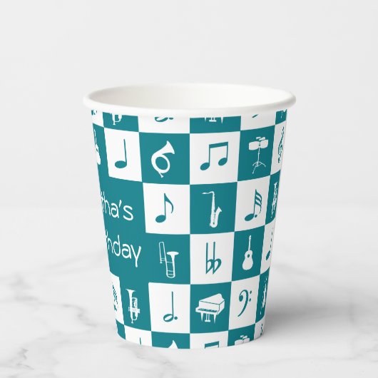 Gobelets En Papier Notes et instruments de musique turquoise et blanc (Verso)