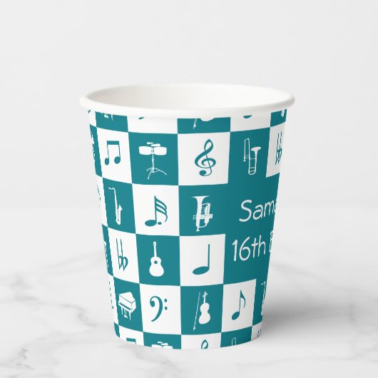 Gobelets En Papier Notes et instruments de musique turquoise et blanc (Recto)