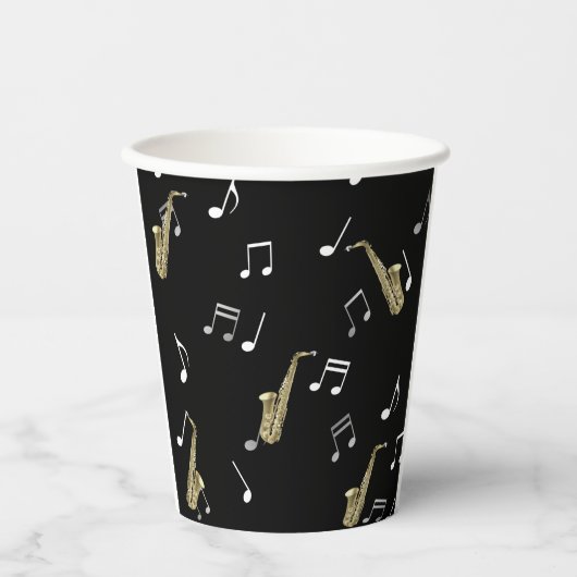 Gobelets En Papier Notes musicales et saxophones Jazzy  (Recto)