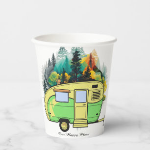 Gobelets En Papier Notre Endroit Heureux. Camping Retro
