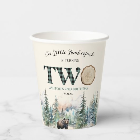 Gobelets En Papier Notre petit bûcheron Ours 2e fête d'anniversaire (Recto)