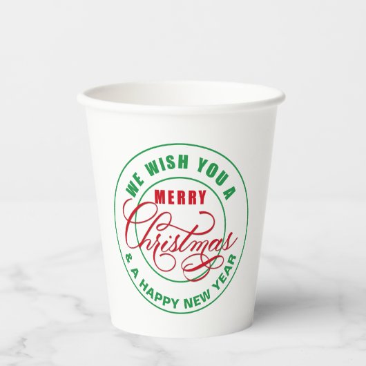 Gobelets En Papier Nous vous souhaitons un joyeux Noël rouge et vert (Recto)