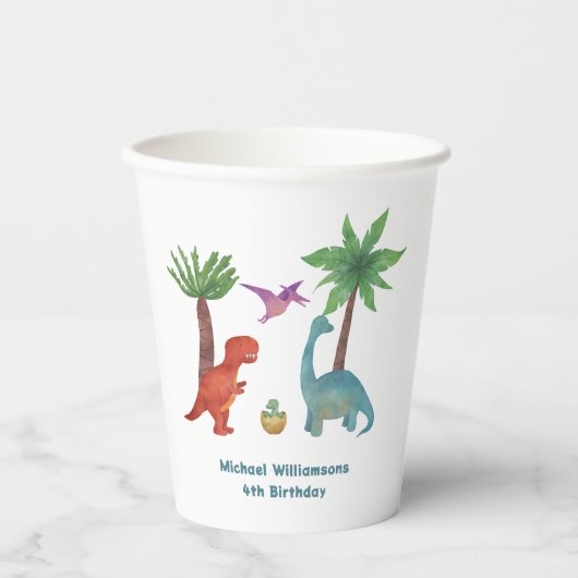 Gobelets En Papier Nouvel anniversaire à thème de dinosaure à l'aquar (Recto)