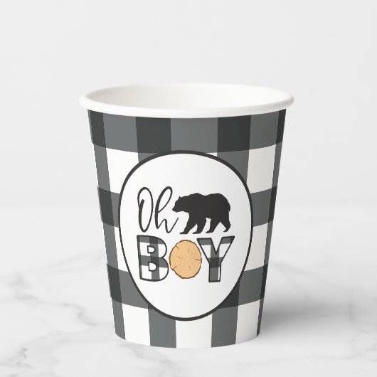 Gobelets En Papier Oh Boy Bear noir Buffalo Plaid Baby shower (Recto)