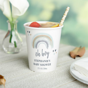 Gobelets En Papier Oh garçon Baby shower bleu Boho arc en ciel
