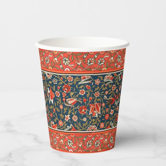 Gobelets En Papier Oiseau et fleurs Perse Motif bleu rouge (Recto)