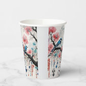 Gobelets En Papier Oiseaux bleus sur les branches de fleurs de cerisi (Gauche)