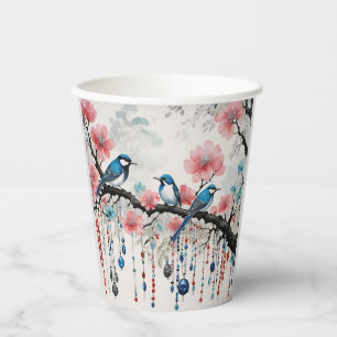Gobelets En Papier Oiseaux bleus sur les branches de fleurs de cerisi