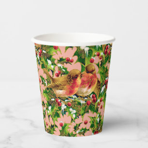Gobelets En Papier Oiseaux de Noël Vintage Holly Faux Motif d'or