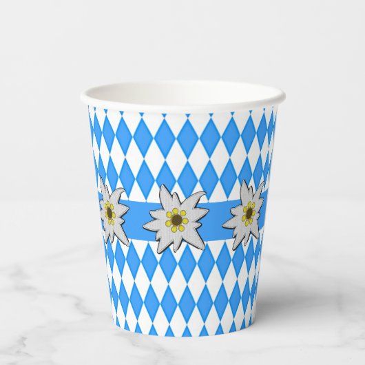 Gobelets En Papier Oktoberfest bleu et blanc avec Edelweiss  (Verso)