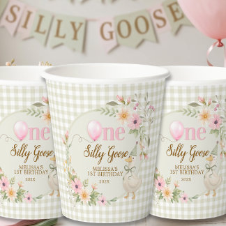 Gobelets En Papier One Silly Goose Gingham Pink Floral Birthday 