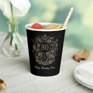 Gobelets En Papier Or Élégant Floral 80 & Fabulous Anniversaire