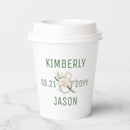 Gobelets En Papier Or et fleurs un ampersand mariage nom couples (Verso)