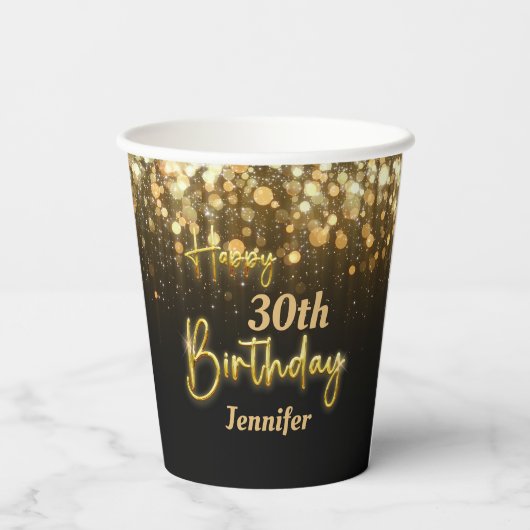 Gobelets En Papier Or personnalisé brillant Joyeux anniversaire noir (Verso)