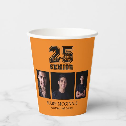 Gobelets En Papier Orange Black Class 2025 Graduation Photo (Recto)