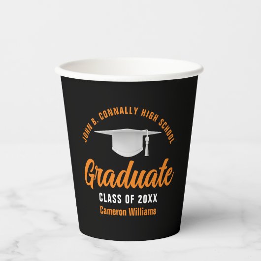 Gobelets En Papier Orange Black Personnalisée Graduation Party (Recto)