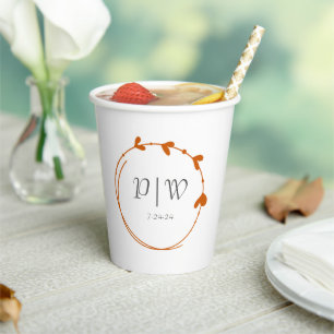Gobelets En Papier Orange Brûlé Simple Coeur Mariage Monogramme