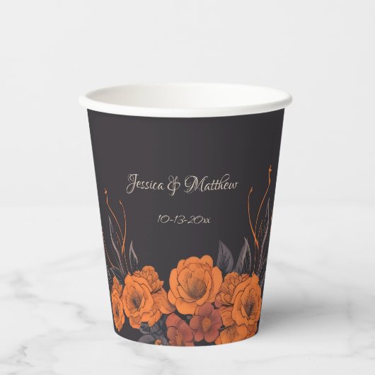 Gobelets En Papier Orange Fleurs Élégant Mariage Monogramme (Recto)