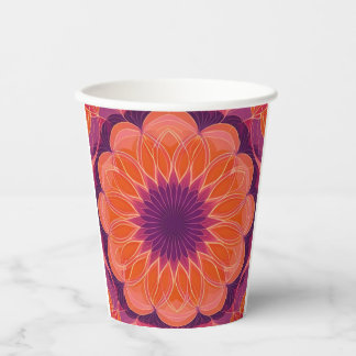 Gobelets En Papier Orange vibrant avec kaléidoscope floral pourpre