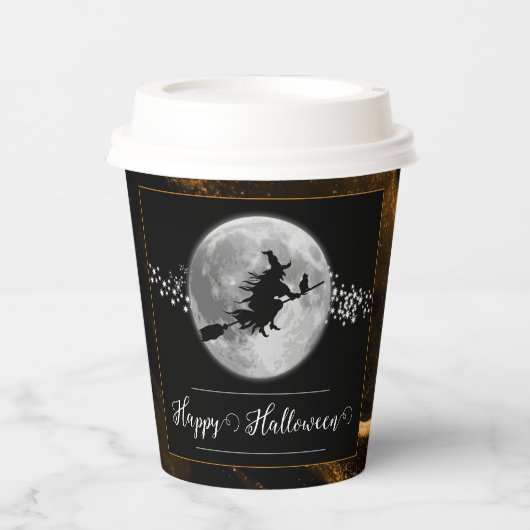 Gobelets En Papier Orange Witch Silhouette Halloween (Recto)