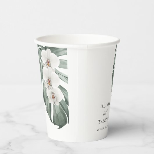 Gobelets En Papier Orchidées blanches sur Monstera Mariage tropical (Droite)